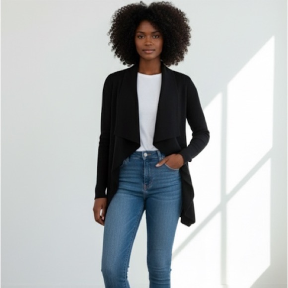 Eileen Fisher black silk cotton open front draped cardigan - Medium - Picture 1 of 8